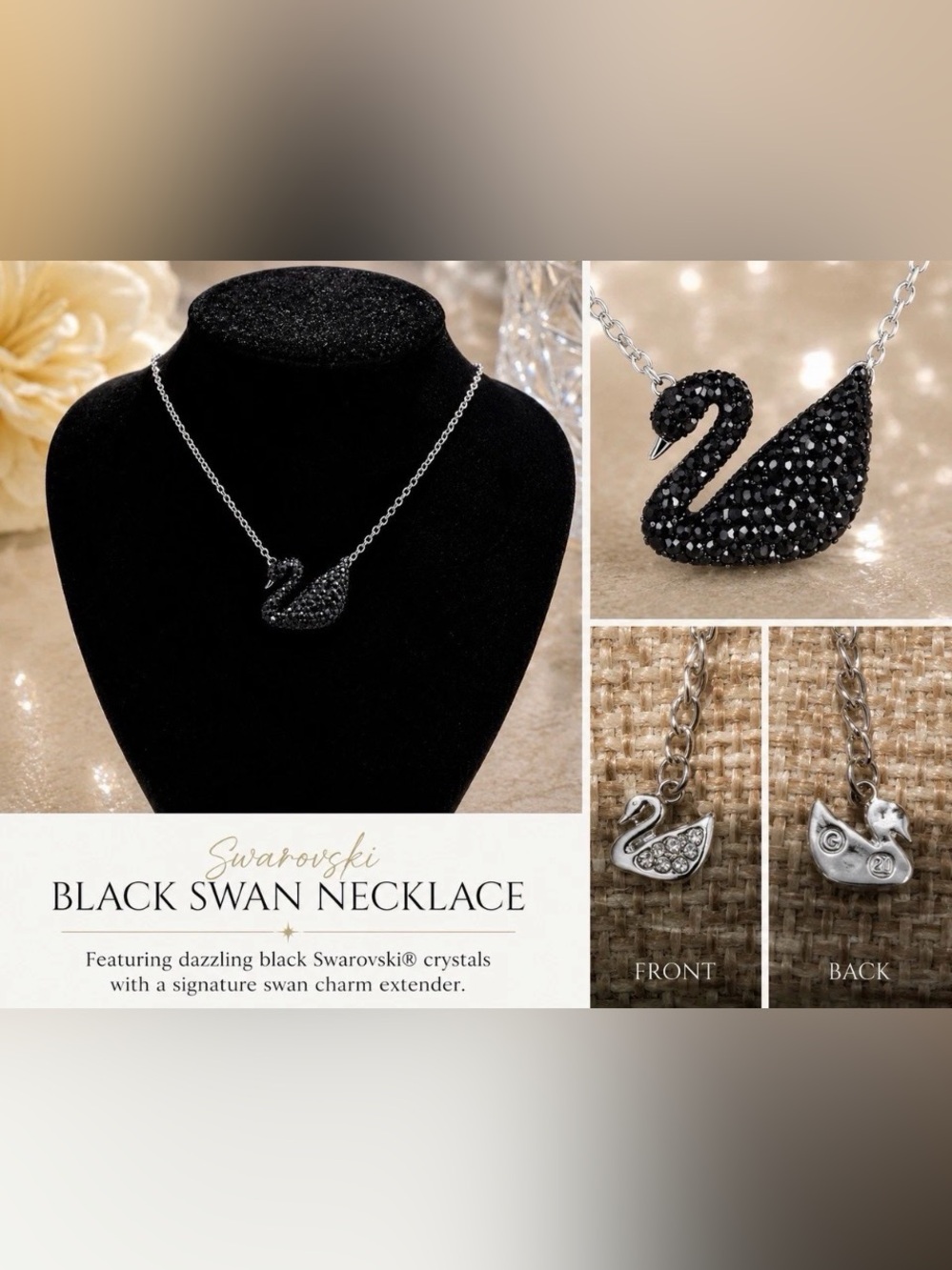Swarovski Black Crystal Swan Pendant Necklace